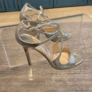 シューズ・サンダルその他 JIMMY CHOO Woman Heeled sandals Silver VERITYSANDAL100BYK Verity Sandal 100 | Silver Vintage Metallic Leather Sandals